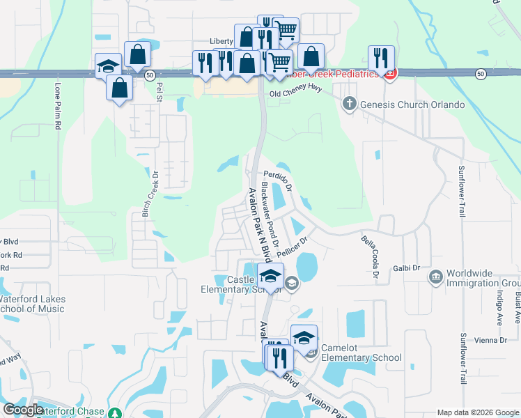 map of restaurants, bars, coffee shops, grocery stores, and more near 1351 Blackwater Pond Drive in Orlando