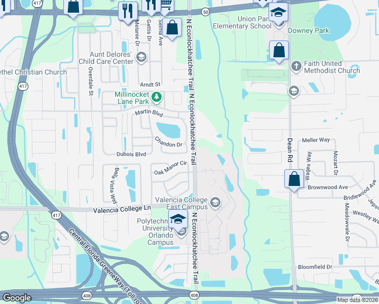 map of restaurants, bars, coffee shops, grocery stores, and more near 9584 Brackin Street in Orlando