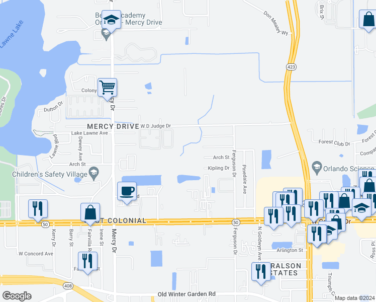 map of restaurants, bars, coffee shops, grocery stores, and more near 3750 Wd Judge Drive in Orlando