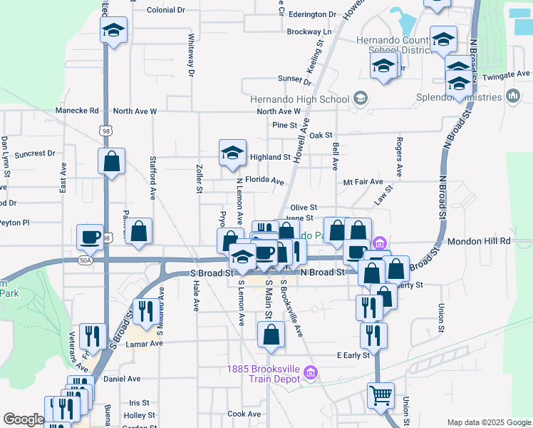 map of restaurants, bars, coffee shops, grocery stores, and more near 315 Howell Avenue in Brooksville