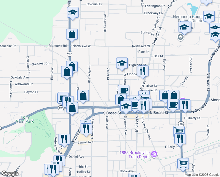map of restaurants, bars, coffee shops, grocery stores, and more near 299 Zoller Street in Brooksville