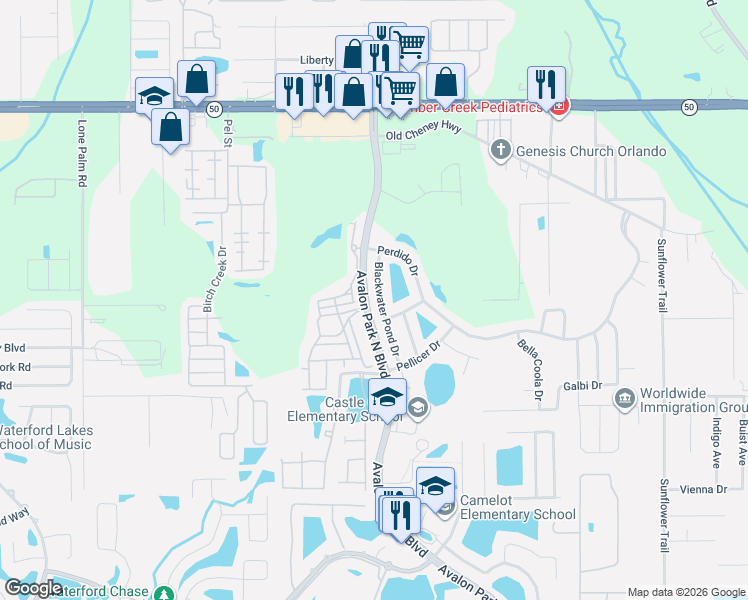 map of restaurants, bars, coffee shops, grocery stores, and more near 1351 Blackwater Pond Drive in Orlando