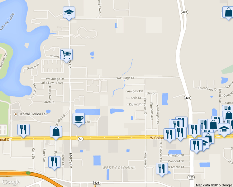 map of restaurants, bars, coffee shops, grocery stores, and more near 3750 Wd Judge Drive in Orlando