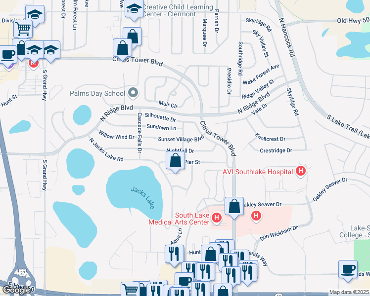 map of restaurants, bars, coffee shops, grocery stores, and more near 1623 Nightfall Drive in Clermont