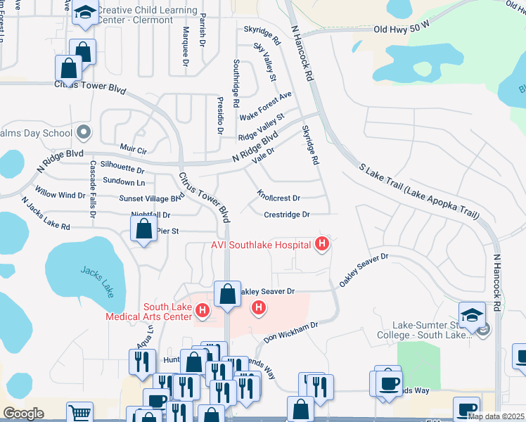 map of restaurants, bars, coffee shops, grocery stores, and more near 1904 Crestridge Drive in Clermont