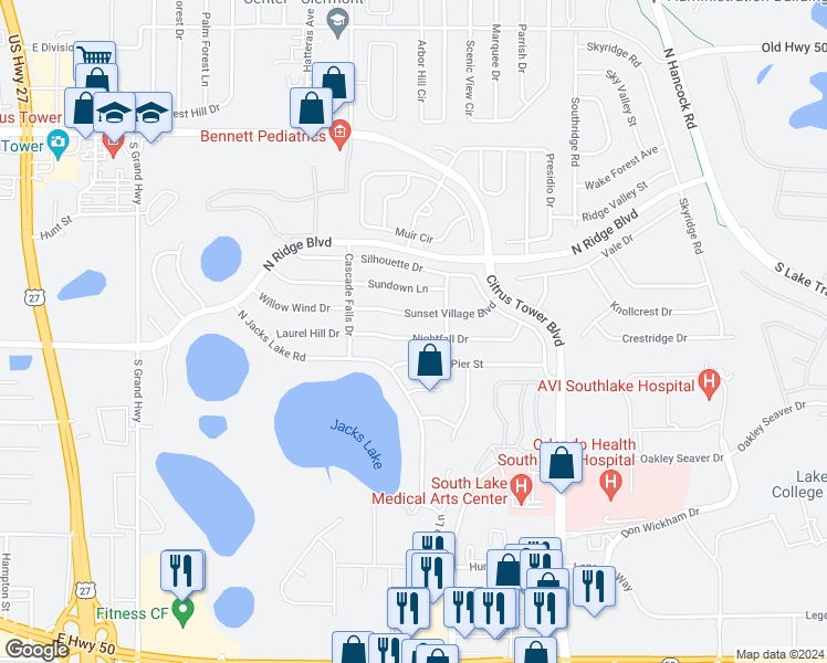map of restaurants, bars, coffee shops, grocery stores, and more near 1546 Nightfall Drive in Clermont