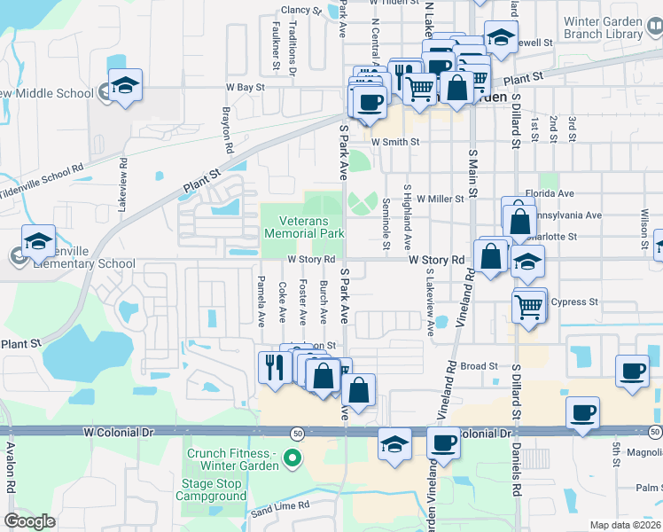 map of restaurants, bars, coffee shops, grocery stores, and more near 330 West Story Road in Winter Garden