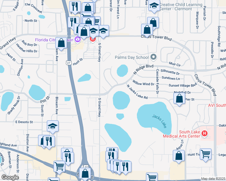 map of restaurants, bars, coffee shops, grocery stores, and more near 1009 North Ridge Boulevard in Clermont