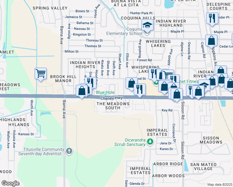 map of restaurants, bars, coffee shops, grocery stores, and more near 1110 Cheney Highway in Titusville