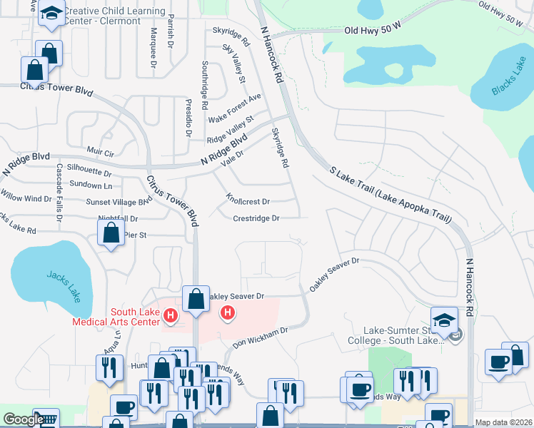 map of restaurants, bars, coffee shops, grocery stores, and more near 2002 Crestridge Drive in Clermont