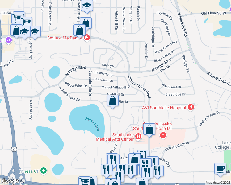 map of restaurants, bars, coffee shops, grocery stores, and more near 1554 Nightfall Drive in Clermont