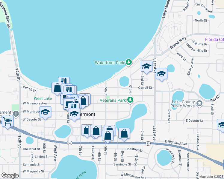 map of restaurants, bars, coffee shops, grocery stores, and more near 432 Carroll Street in Clermont