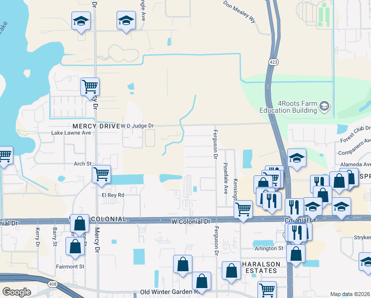 map of restaurants, bars, coffee shops, grocery stores, and more near 3631 Amigos Avenue in Orlando