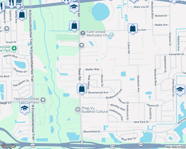 map of restaurants, bars, coffee shops, grocery stores, and more near 1055 Meller Way in Orlando