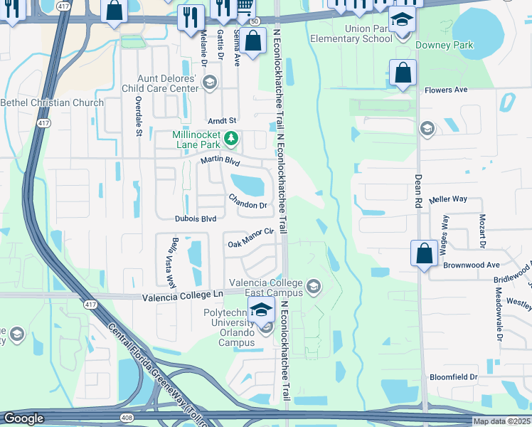 map of restaurants, bars, coffee shops, grocery stores, and more near 9584 Brackin Street in Orlando