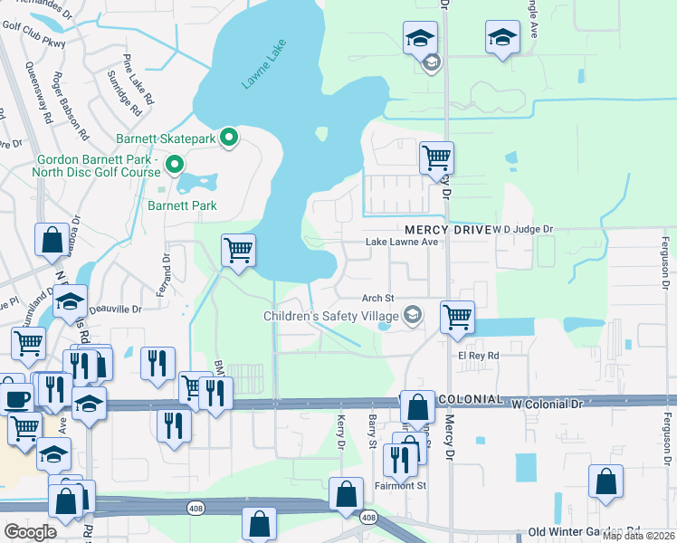 map of restaurants, bars, coffee shops, grocery stores, and more near 4512 Fargo Place in Orlando