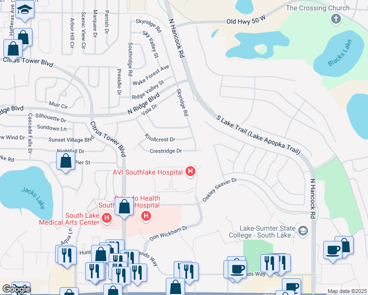 map of restaurants, bars, coffee shops, grocery stores, and more near 2018 Crestridge Drive in Clermont