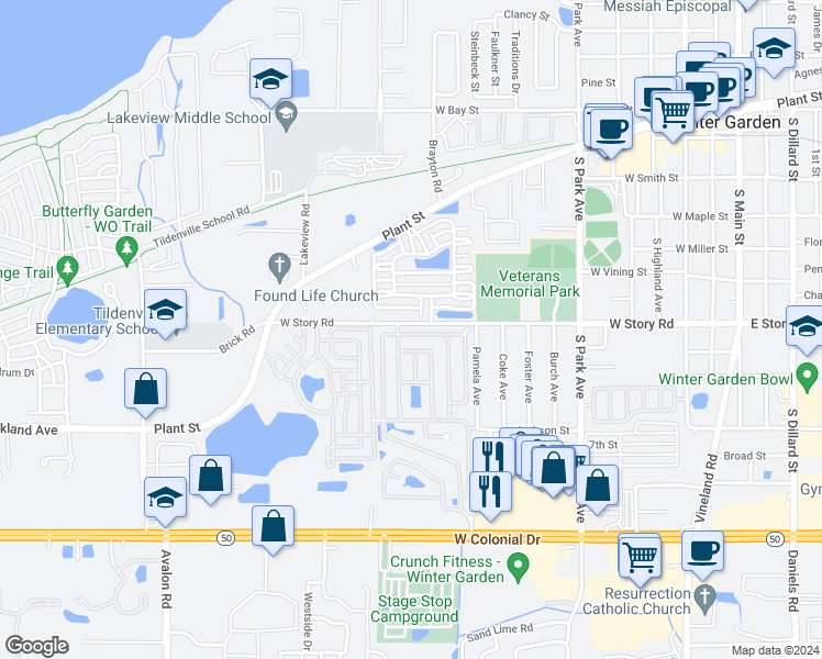 map of restaurants, bars, coffee shops, grocery stores, and more near 630 Royal Oak Drive North in Winter Garden
