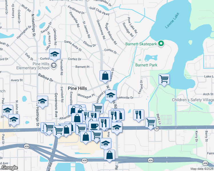 map of restaurants, bars, coffee shops, grocery stores, and more near 949 North Pine Hills Road in Orlando
