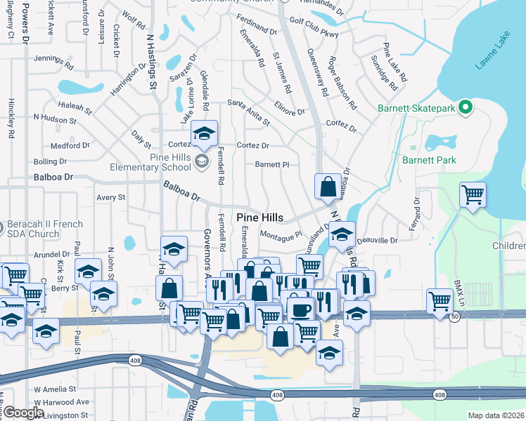 map of restaurants, bars, coffee shops, grocery stores, and more near in Pine Hills