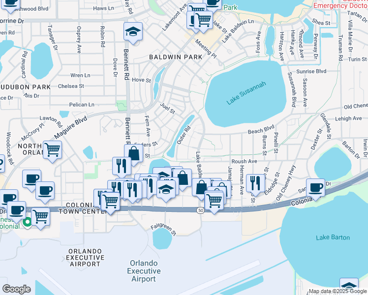 map of restaurants, bars, coffee shops, grocery stores, and more near 4625 Halder Lane in Orlando