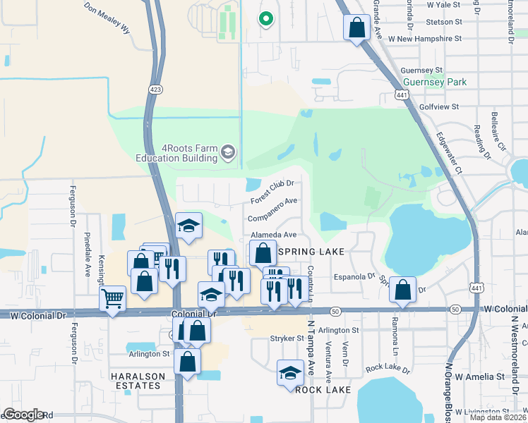 map of restaurants, bars, coffee shops, grocery stores, and more near 2107 Companero Avenue in Orlando