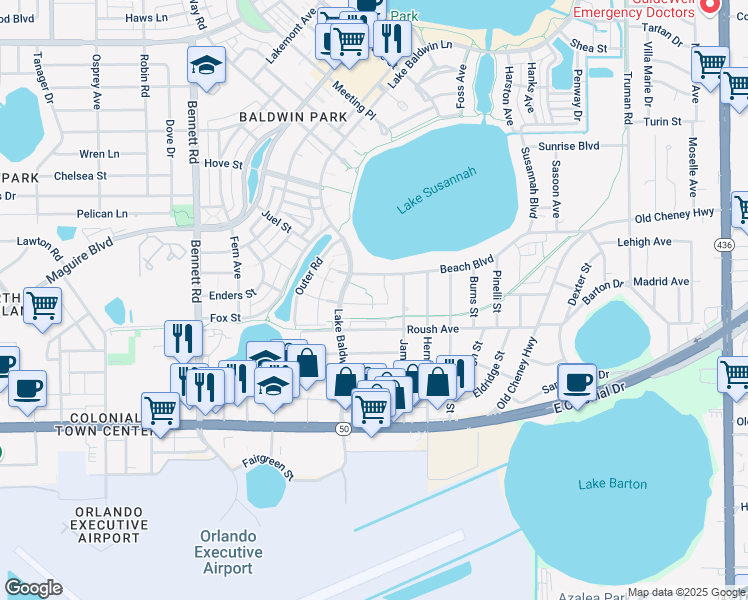 map of restaurants, bars, coffee shops, grocery stores, and more near 4288 Beach Boulevard in Orlando