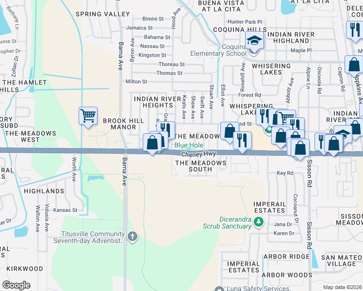 map of restaurants, bars, coffee shops, grocery stores, and more near 1260 Cheney Highway in Titusville