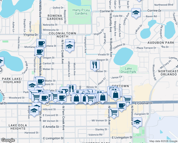 map of restaurants, bars, coffee shops, grocery stores, and more near 1913 Palm Drive in Orlando