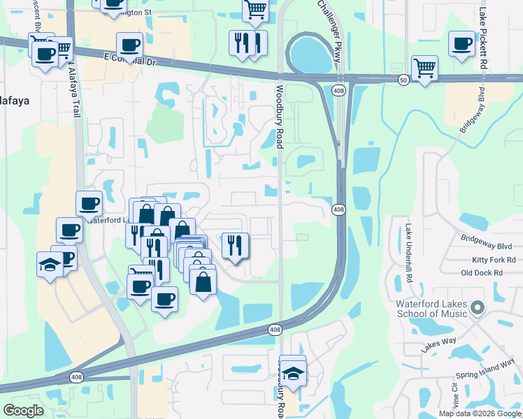 map of restaurants, bars, coffee shops, grocery stores, and more near 12809 Woodbury Glen Drive in Orlando