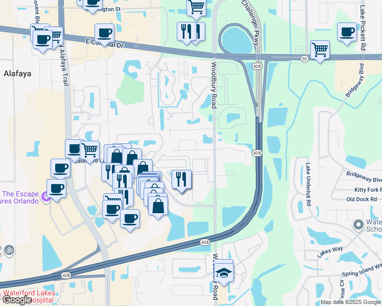 map of restaurants, bars, coffee shops, grocery stores, and more near 12809 Woodbury Glen Drive in Orlando