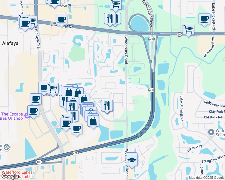 map of restaurants, bars, coffee shops, grocery stores, and more near 12809 Woodbury Glen Drive in Orlando