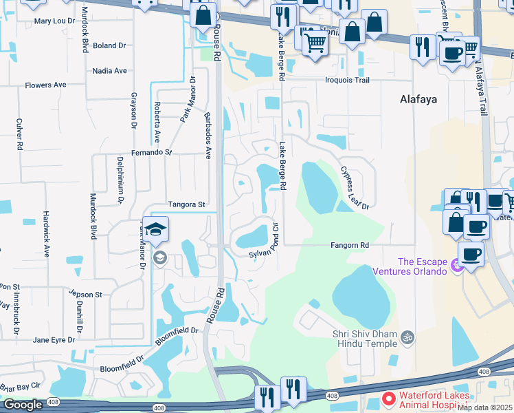 map of restaurants, bars, coffee shops, grocery stores, and more near 838 Pond Cypress Court in Orlando