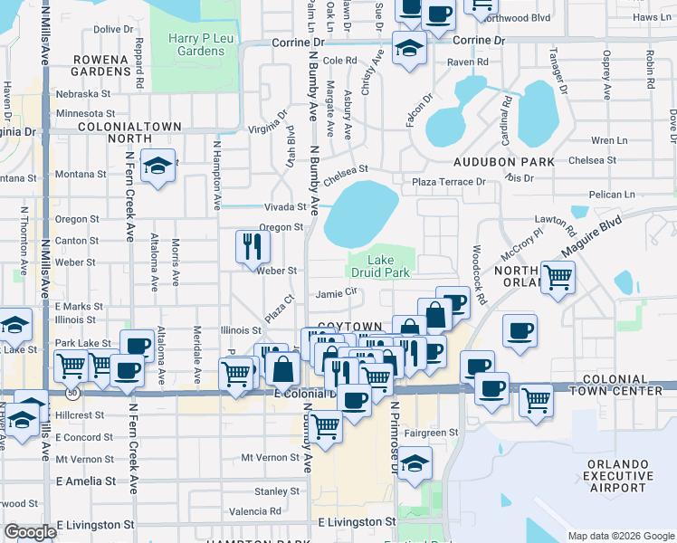 map of restaurants, bars, coffee shops, grocery stores, and more near 2502 Weber Street in Orlando