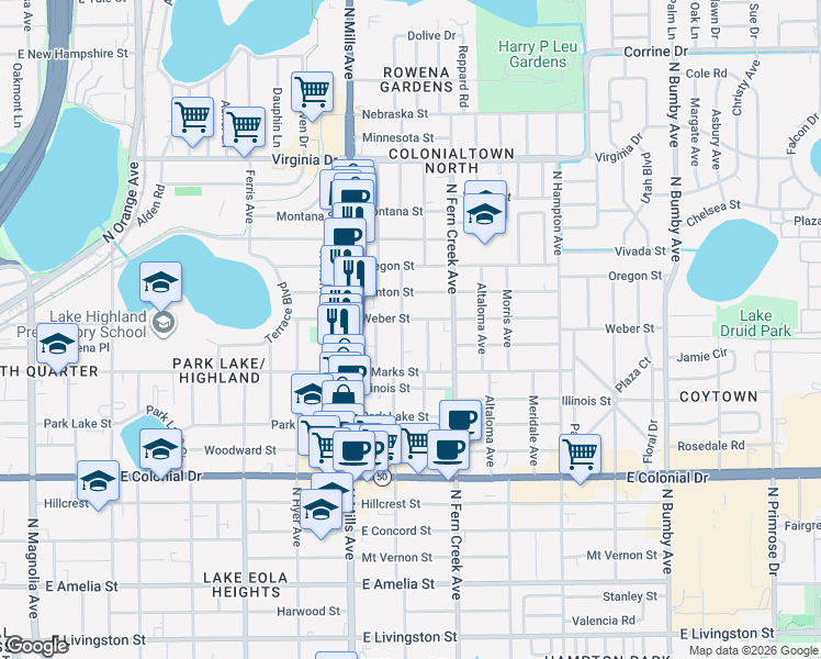 map of restaurants, bars, coffee shops, grocery stores, and more near 952 La Salle Avenue in Orlando