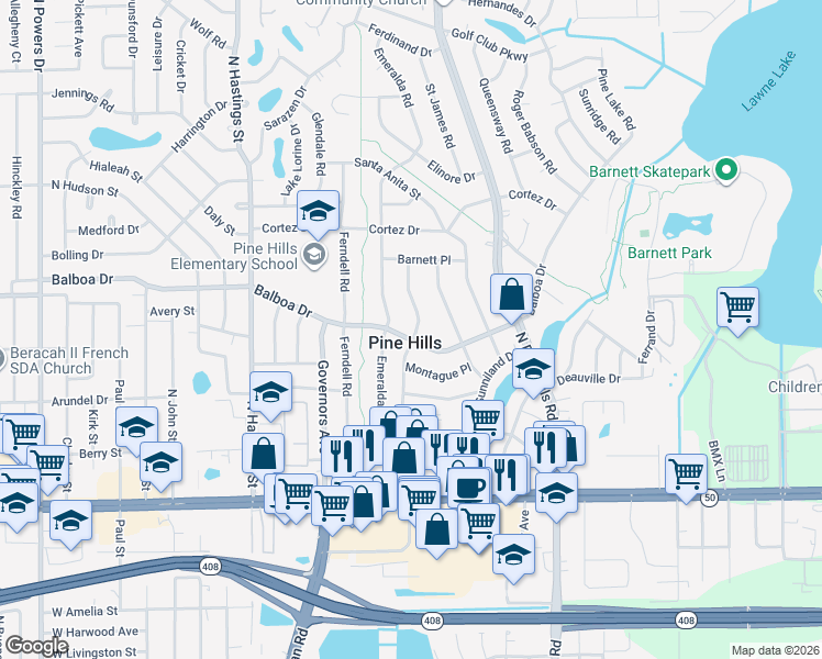 map of restaurants, bars, coffee shops, grocery stores, and more near in Pine Hills
