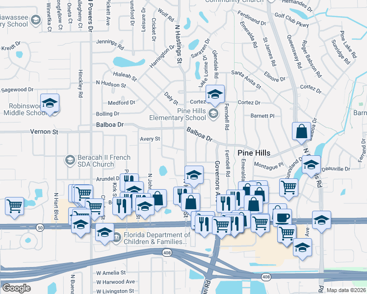 map of restaurants, bars, coffee shops, grocery stores, and more near 925 North Hastings Street in Orlando