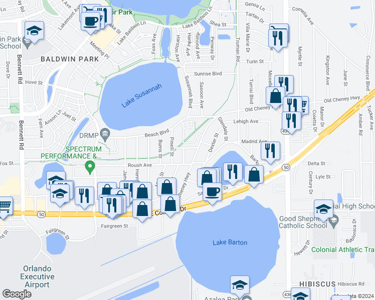 map of restaurants, bars, coffee shops, grocery stores, and more near 1000 Baldwin Cove Way in Orlando