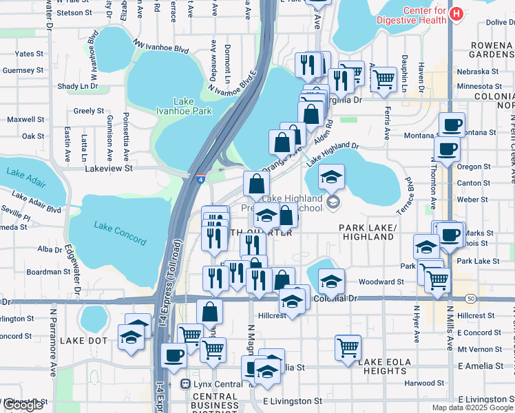 map of restaurants, bars, coffee shops, grocery stores, and more near 110 Weber Street in Orlando
