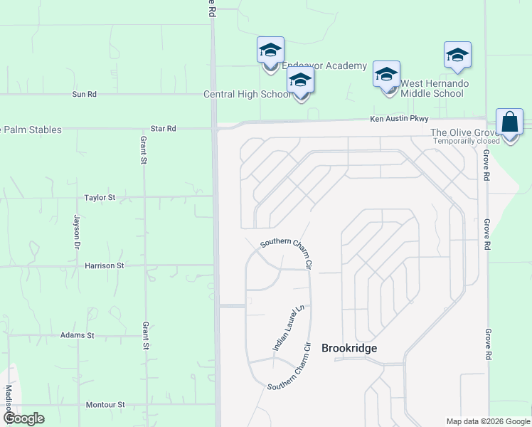 map of restaurants, bars, coffee shops, grocery stores, and more near 9093 Salisbury Drive in Brooksville