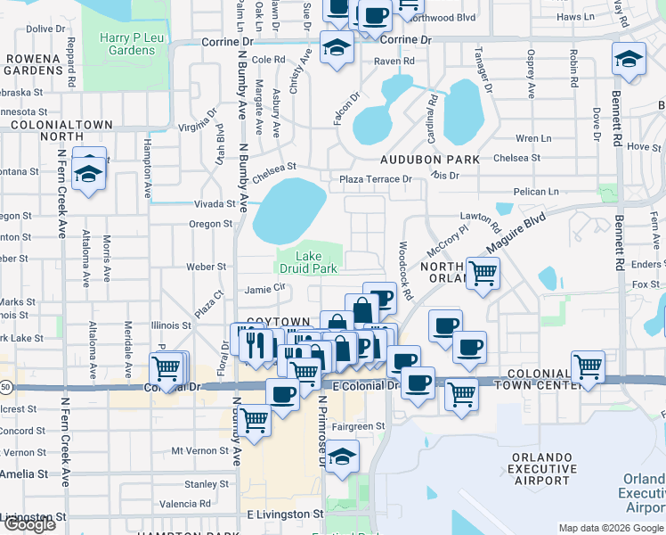 map of restaurants, bars, coffee shops, grocery stores, and more near 899 Coy Drive in Orlando