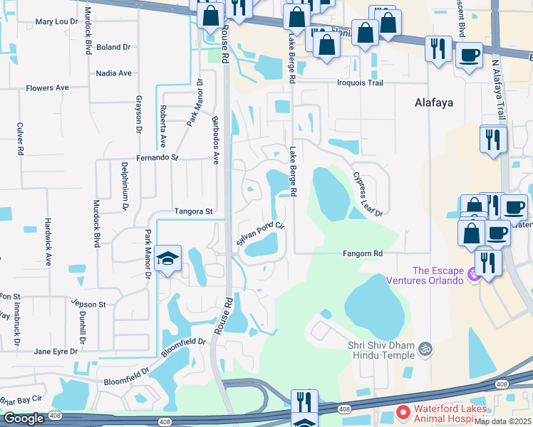 map of restaurants, bars, coffee shops, grocery stores, and more near 838 Pond Cypress Court in Orlando