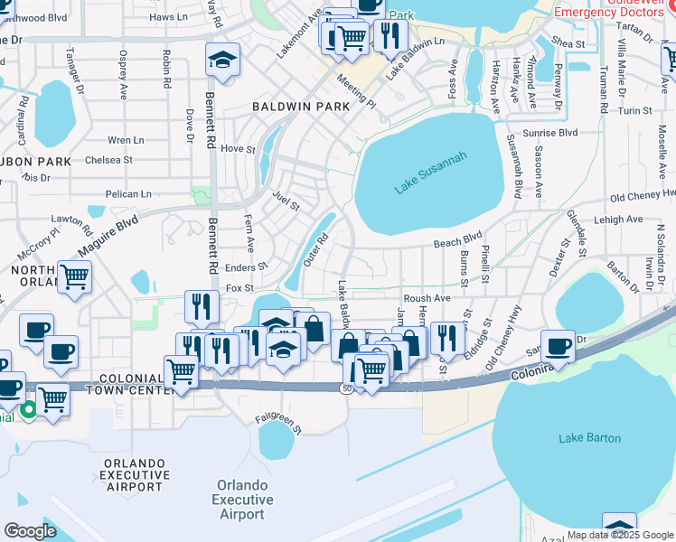 map of restaurants, bars, coffee shops, grocery stores, and more near 935 Lake Baldwin Ln in Orlando
