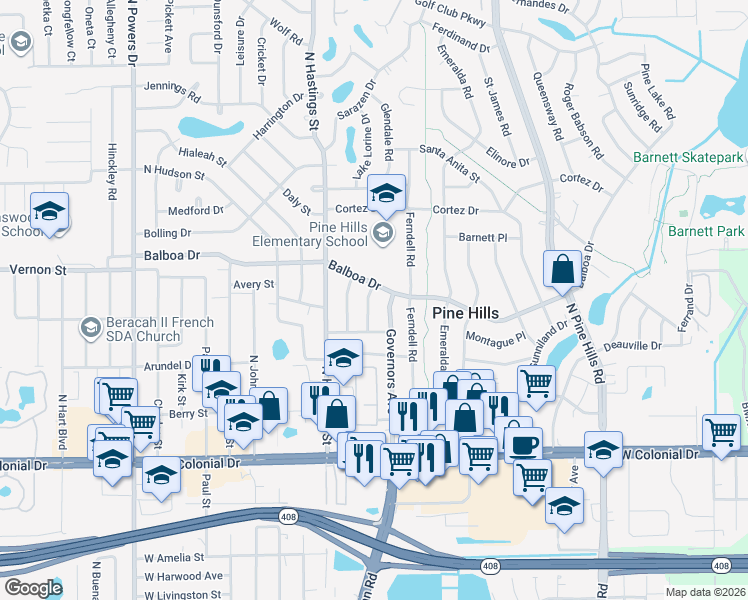 map of restaurants, bars, coffee shops, grocery stores, and more near 925 Hacienda Court in Orlando