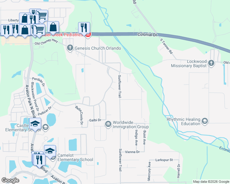 map of restaurants, bars, coffee shops, grocery stores, and more near 15630 Sarcee Court in Orlando