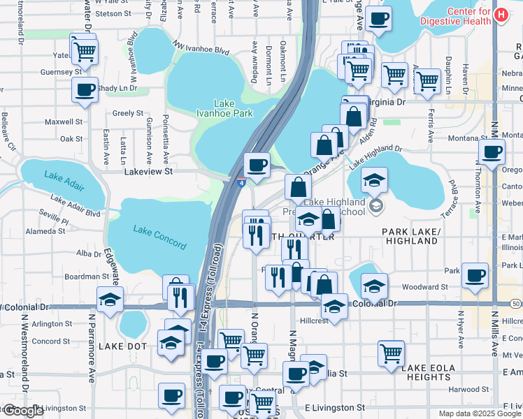 map of restaurants, bars, coffee shops, grocery stores, and more near 1000 Legion Place in Orlando