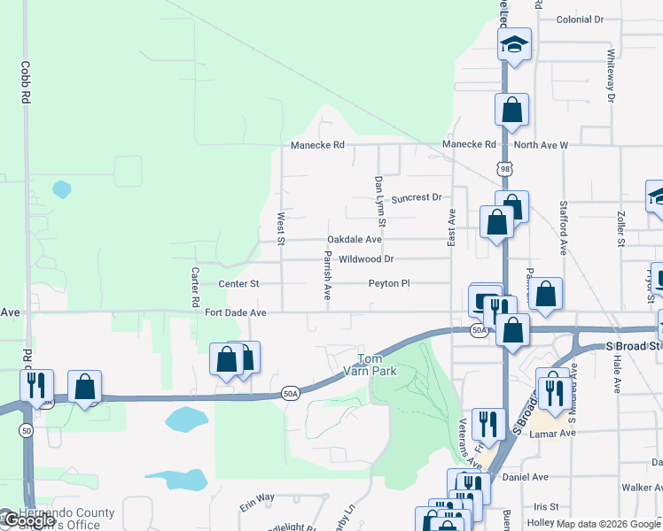 map of restaurants, bars, coffee shops, grocery stores, and more near 19476 Wildwood Drive in Brooksville