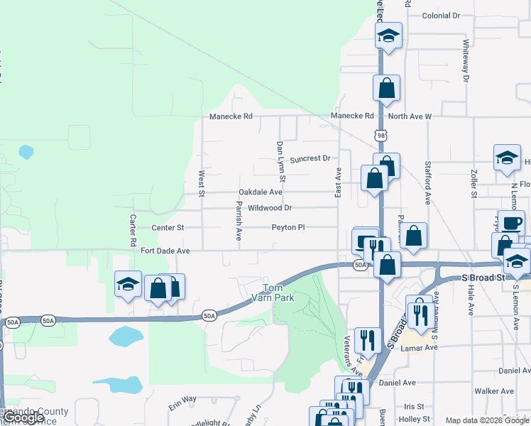 map of restaurants, bars, coffee shops, grocery stores, and more near 19496 Wildwood Drive in Brooksville