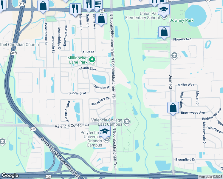 map of restaurants, bars, coffee shops, grocery stores, and more near 9584 Brackin Street in Orlando