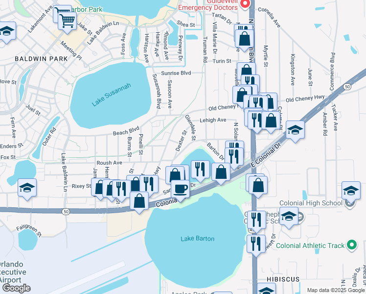 map of restaurants, bars, coffee shops, grocery stores, and more near 5395 Barton Drive in Orlando